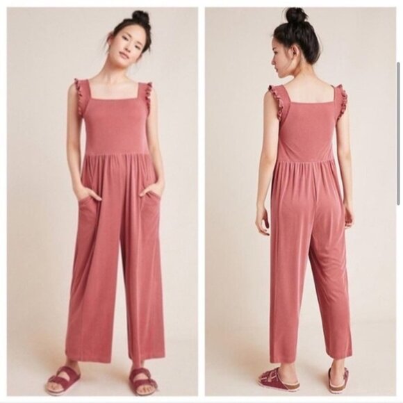 Anthropologie Pants - Saturday Sunday Anthropologie Mauve Jumpsuit W/ Smocked Ruffle Straps & Pockets